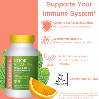 Empaque frontal tabletas vitamina c masticables halal