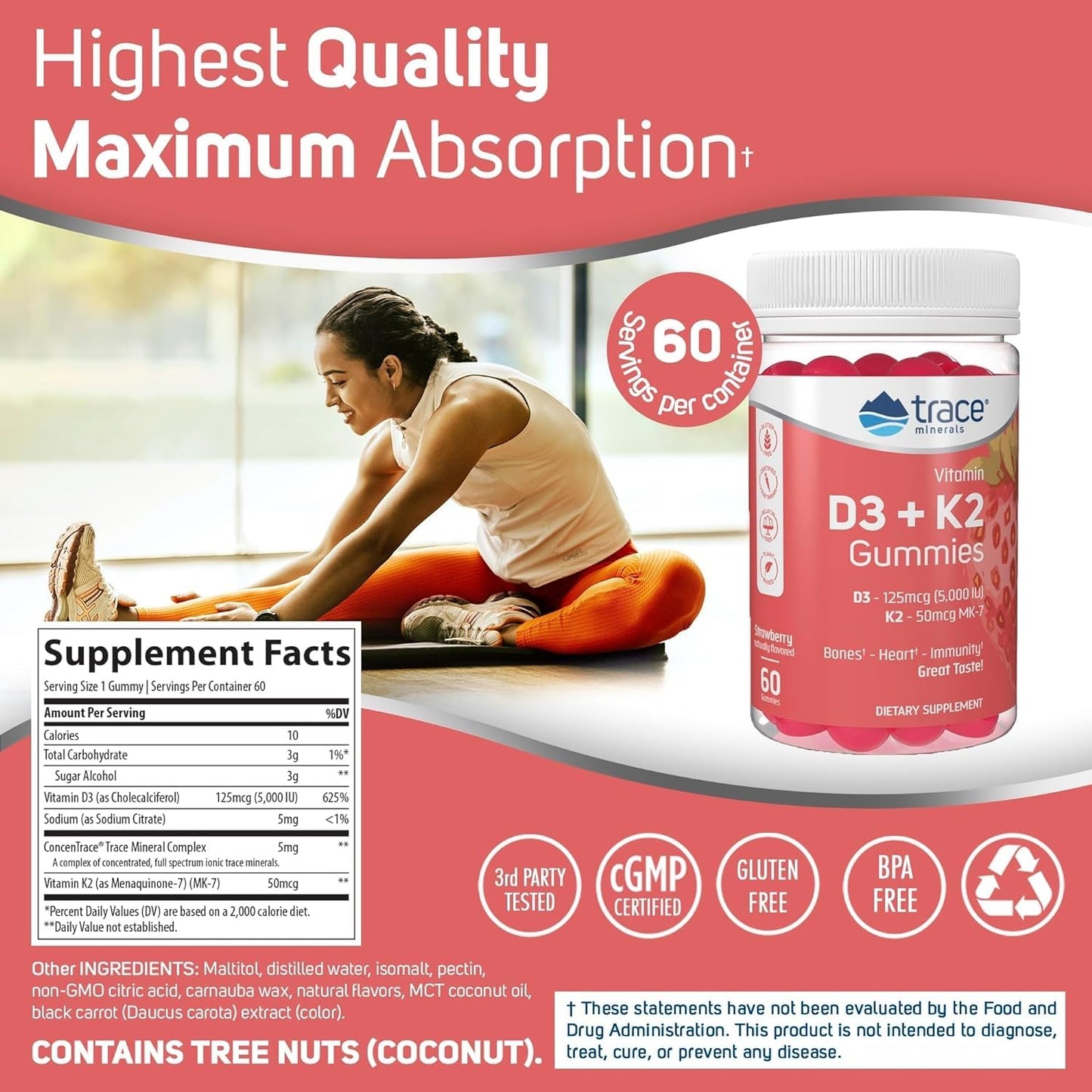 Empaque gomitas vitamina D3 5000 UI K2 sin azúcar gluten Trace Minerals