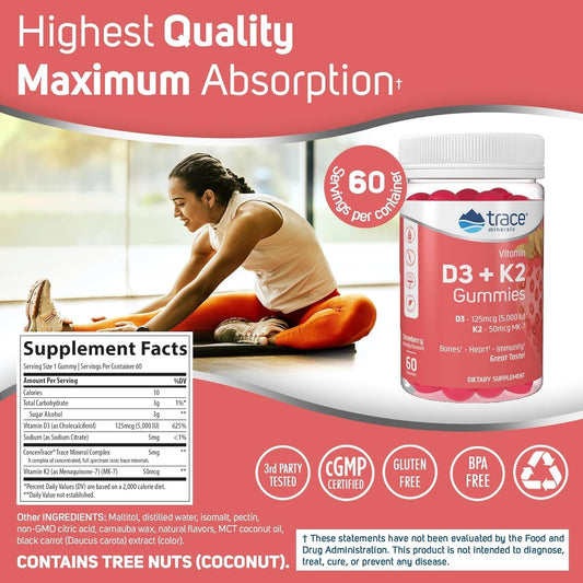 Empaque gomitas vitamina D3 5000 UI K2 sin azúcar gluten Trace Minerals