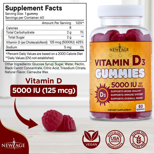 Empaque gomitas vitamina D3 New Age sin gluten ni lactosa