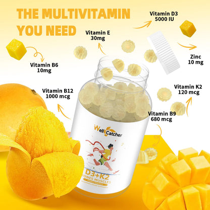 Empaque gomitas Wellcatcher vitamina D3 K2 mango color naranja