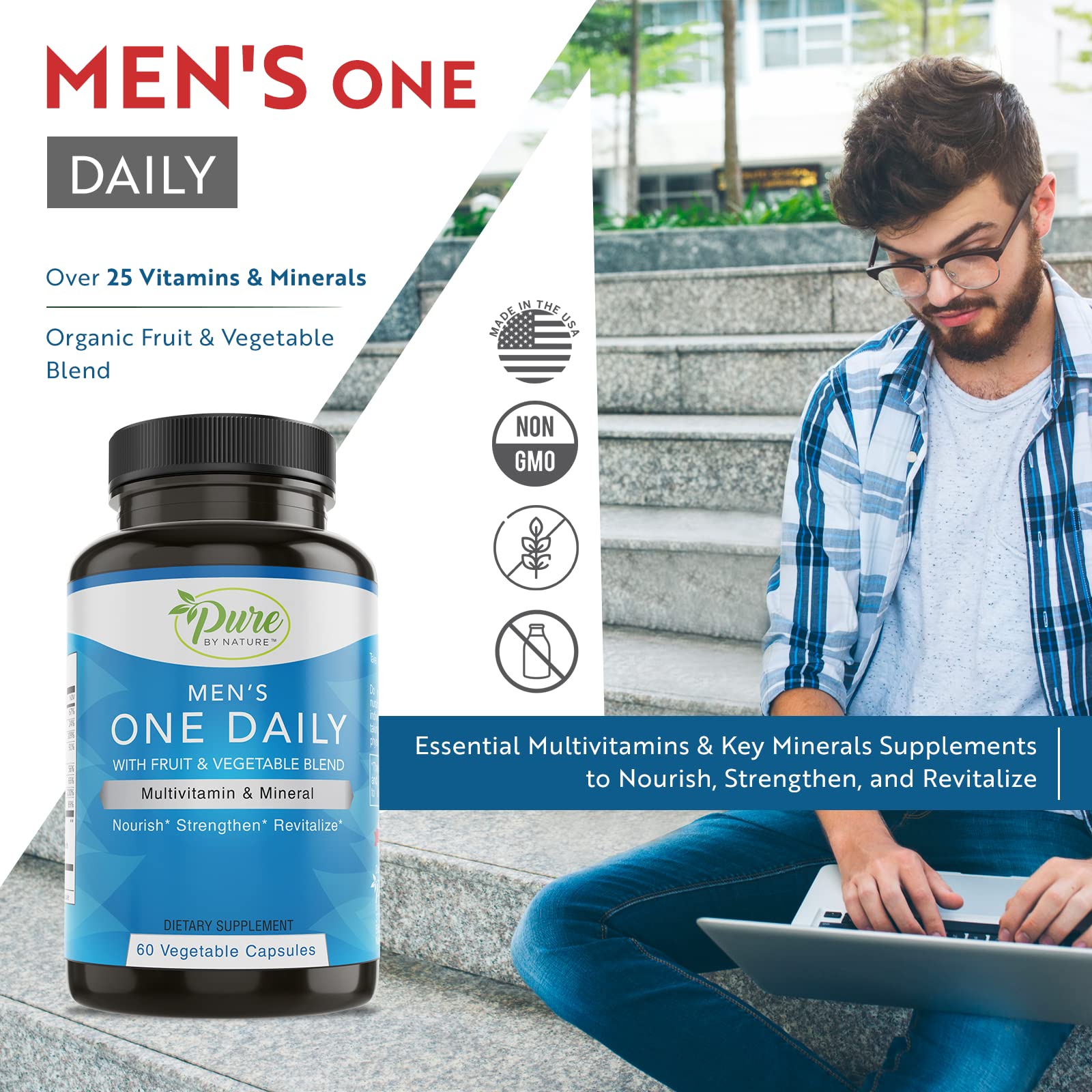 Empaque de Pure By Nature Multivitamina para hombres sobre mesa