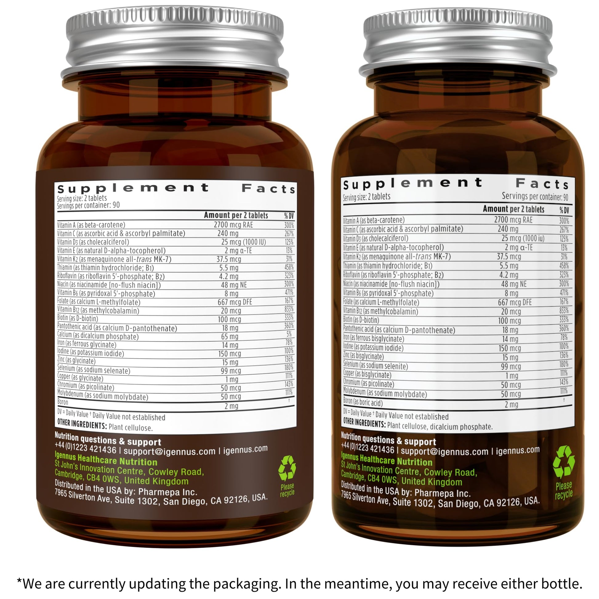 Empaque de multivitaminas Igennus con información de contacto