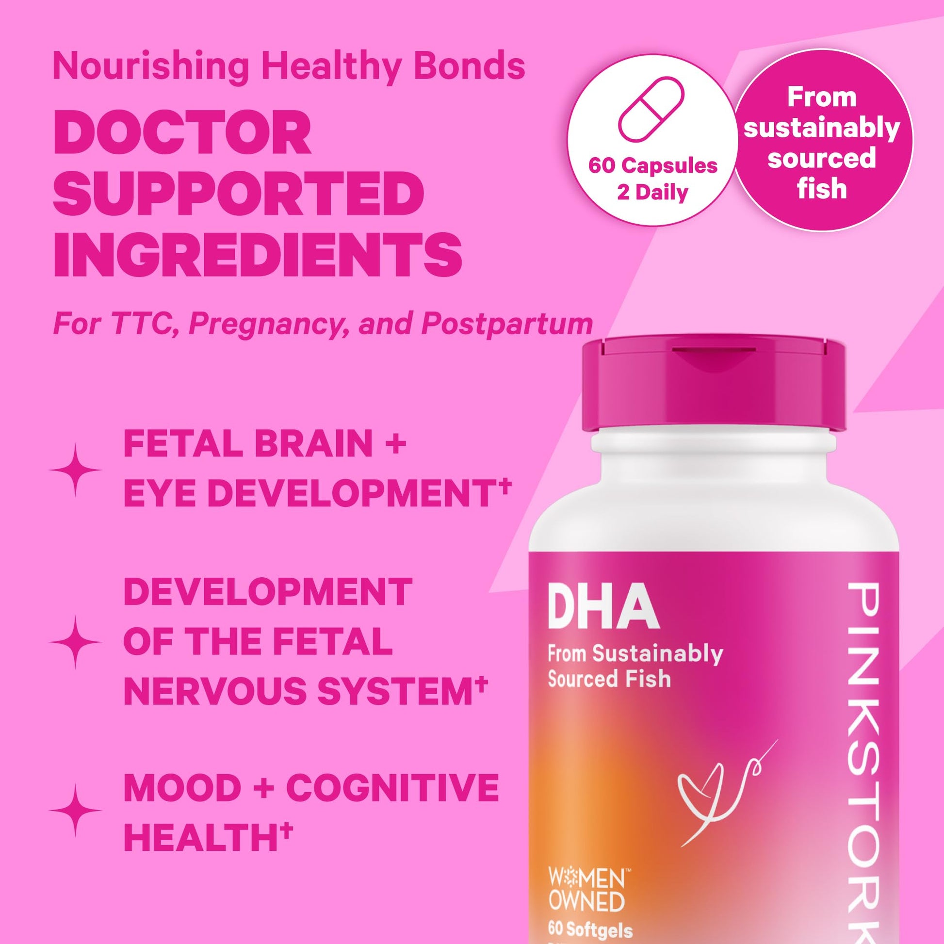 Empaque Pink Stork Premium Prenatal Duo para apoyo nutricional prenatal