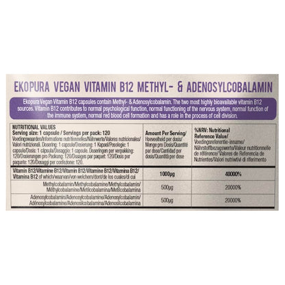 Empaque práctico vitamina b12 vegana Ekopura 120 cápsulas