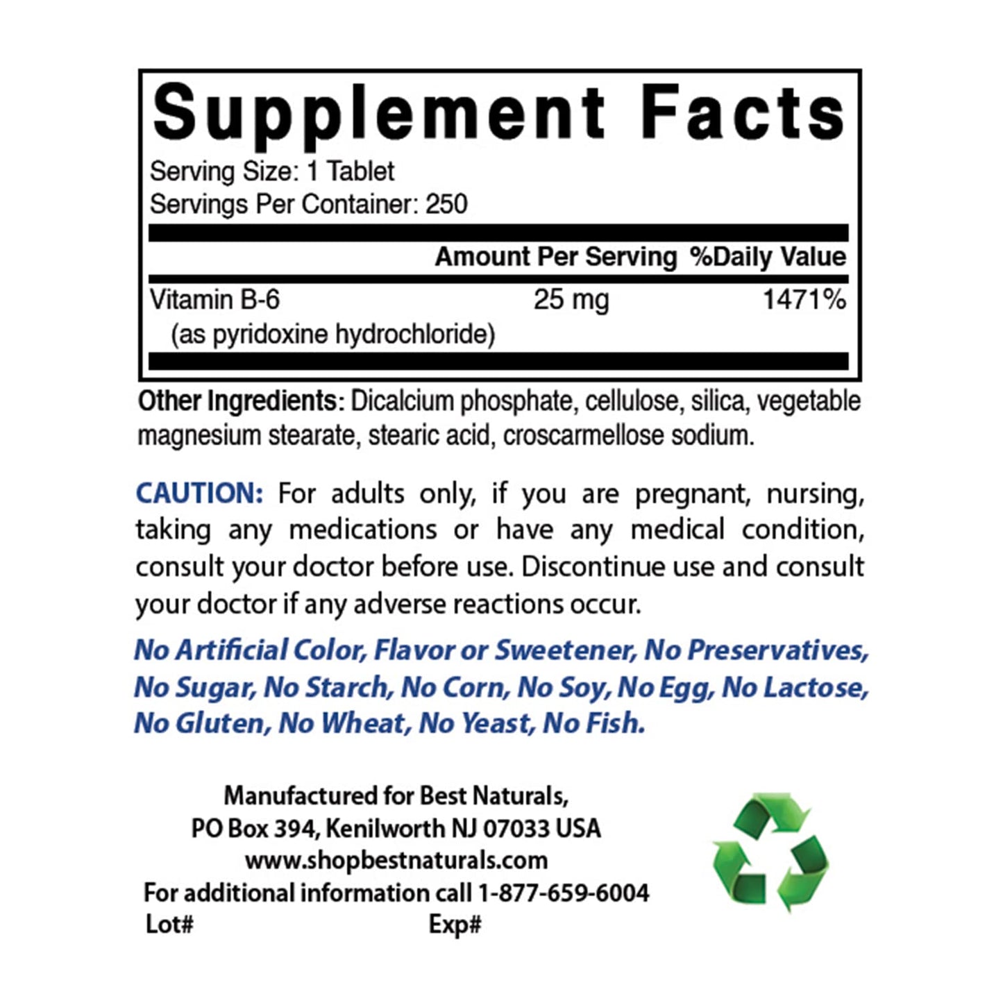 Empaque de suplemento Vitamina B6 Best Naturals 25mg