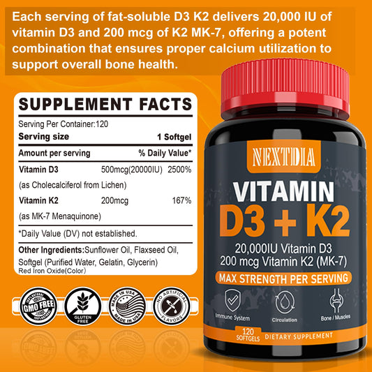 Empaque de vitamina D3 20000 UI junto a vitamina K2 para salud ósea