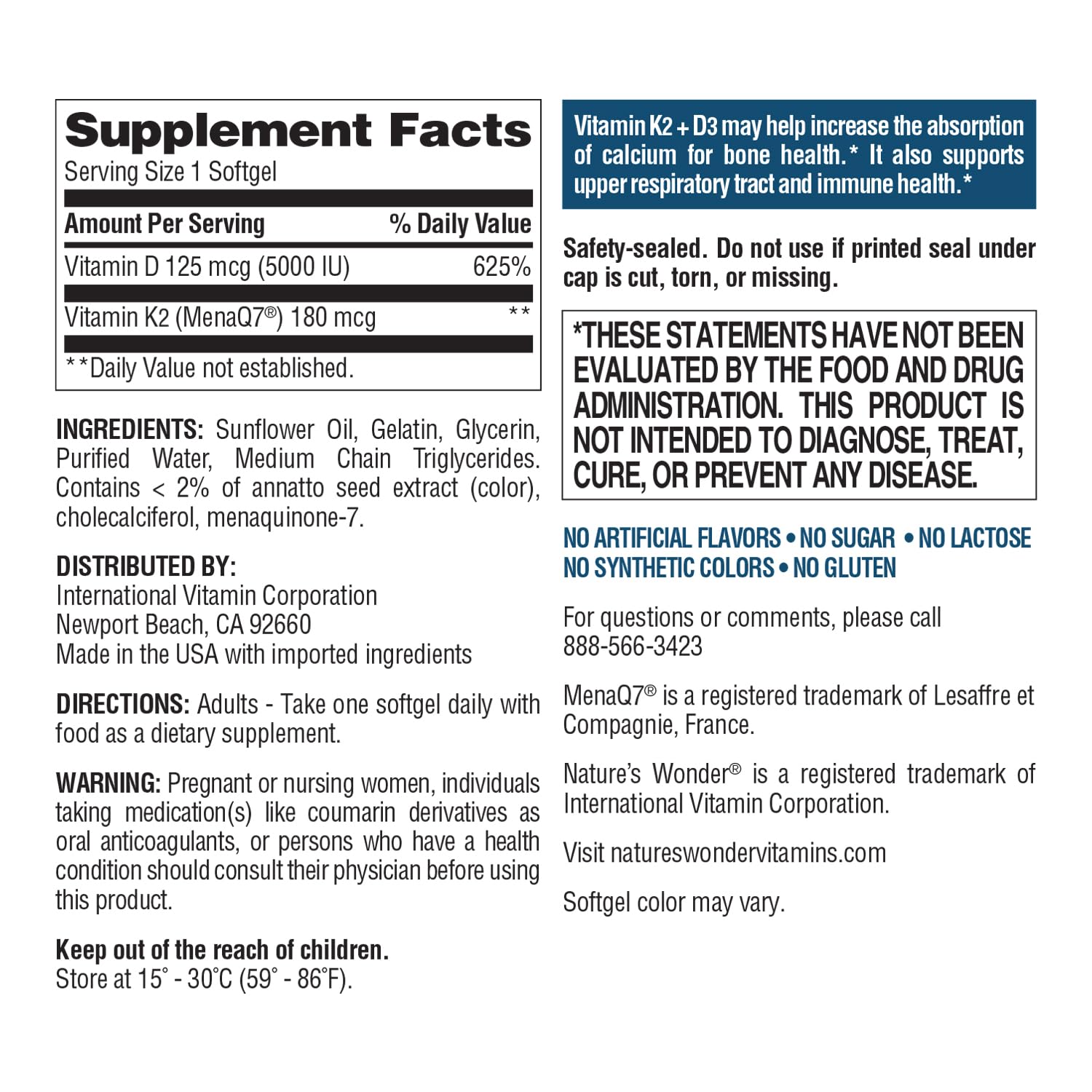 Empaque vitaminas K2 D3 Nature's Wonder