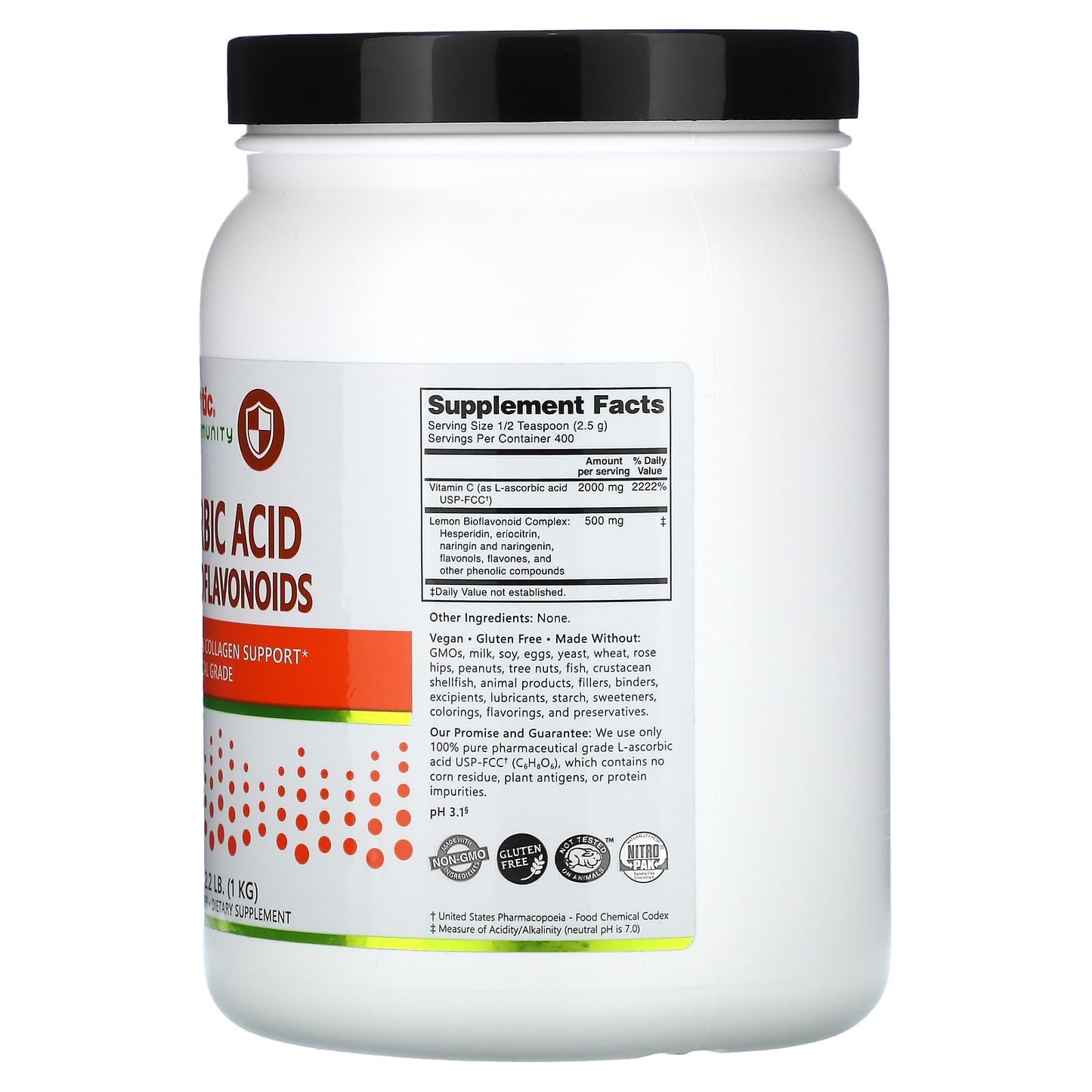 Envase ácido ascórbico NutriBiotic polvo con bioflavonoides