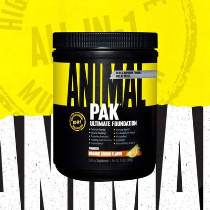 Envase de Animal Pak multivitamínico sabor naranja.