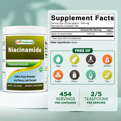 Envase Best Naturals niacinamida vitamina B3 polvo