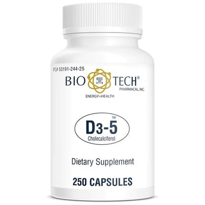 Envase Bio-Tech Pharmacal D3-5 vitamina D3 5000 UI 250 cápsulas