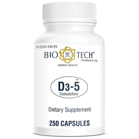 Envase Bio-Tech Pharmacal D3-5 vitamina D3 5000 UI 250 cápsulas