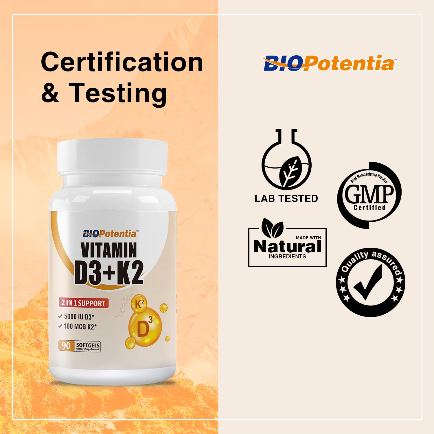Envase BIO POTENTIA vitamina d3 k2 sin gluten no omg
