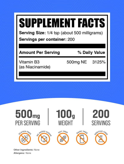 Envase BulkSupplements de polvo de niacinamida 100 g