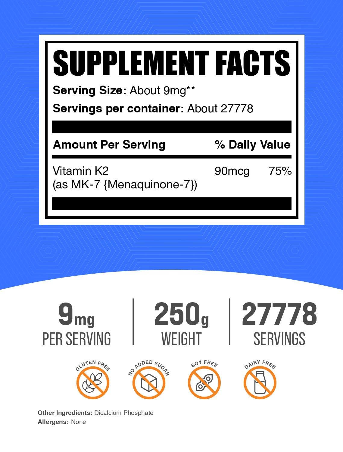 Envase BulkSupplements vitamina k2 polvo 250 gramos