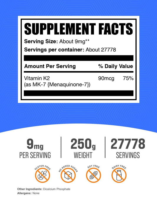 Envase BulkSupplements vitamina k2 polvo 250 gramos