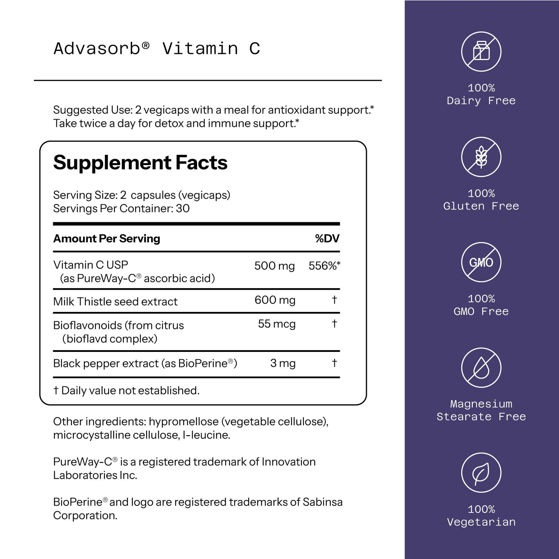 Envase calidad vitamina C Advasorb PureWay C BioPerine