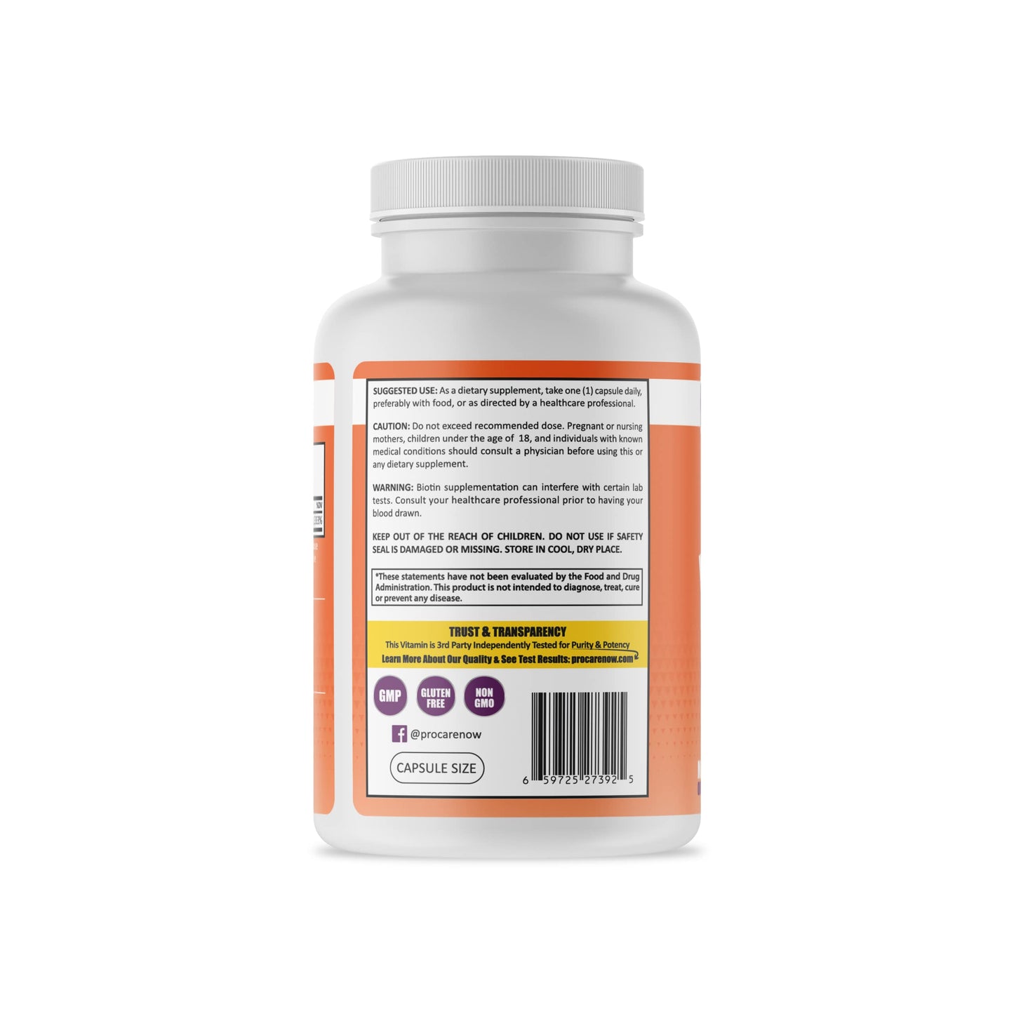 Envase con cápsulas de biotina para pelo sano y uñas fuertes