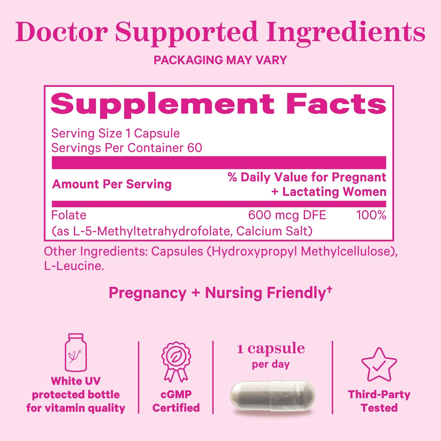 Envase y cápsulas de Pink Stork folato para desarrollo fetal saludable