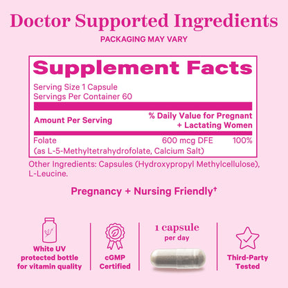 Envase y cápsulas de Pink Stork folato para desarrollo fetal saludable