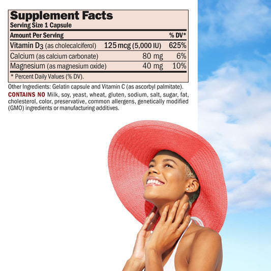 Envase de cápsulas de vitamina D3 ANDREW LESSMAN 5000 UI para absorción de calcio