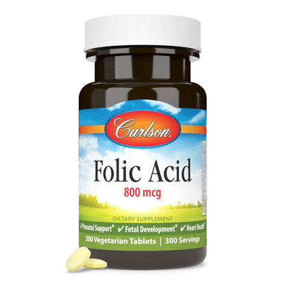 Envase Carlson 300 tabletas ácido fólico 800 mcg prenatal