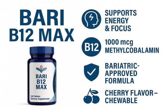 Envase frontal del suplemento Bari B12 Max para energía