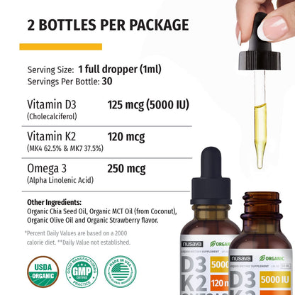 Envase frontal gotas orgánicas vitamina D3 y K2 NUSAVA