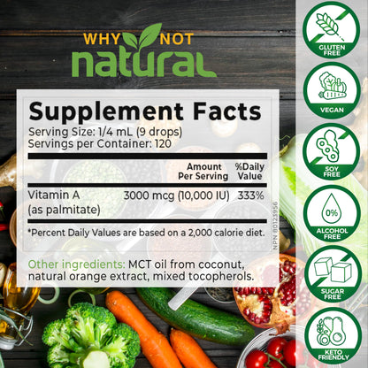 Envase frontal gotas Vitamina A 10000 IU retinil palmitato vegano