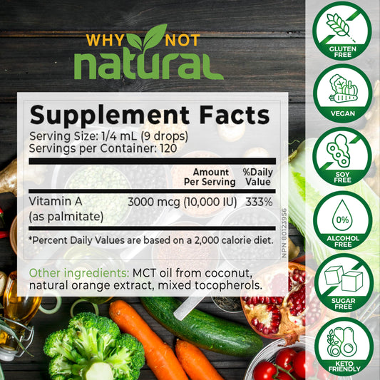 Envase frontal gotas Vitamina A 10000 IU retinil palmitato vegano