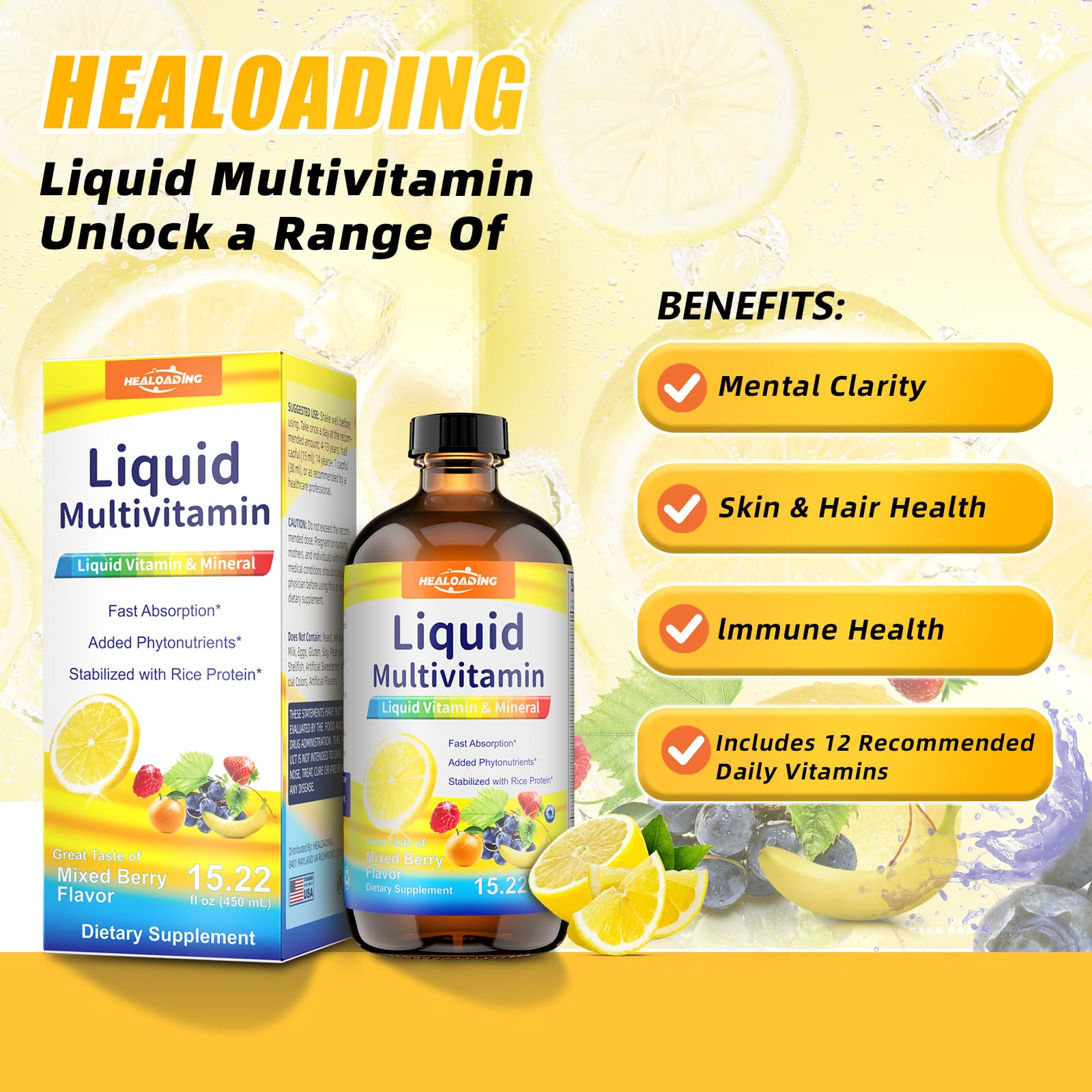 Envase frontal HEALOADING multivitamínico nutritivo líquido