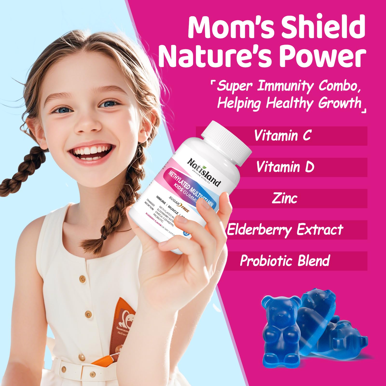 Envase frontal multivitaminas para niños NATISLAND 60 gomitas