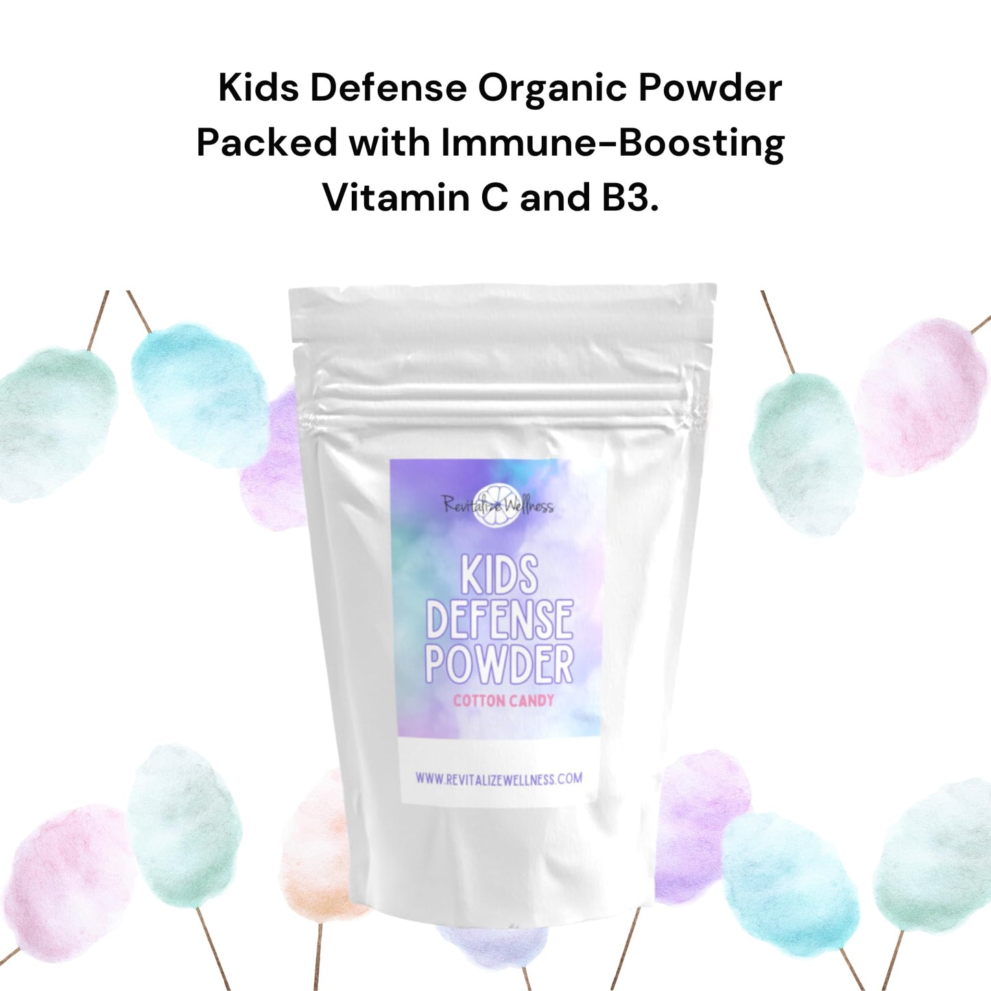 Envase frontal Revitalize Wellness Defensa Infantil Vitamina C y B3 30 porciones