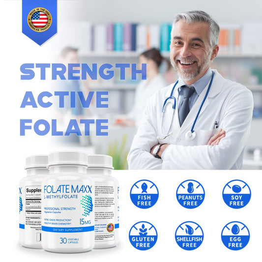 Envase frontal suplemento L-Metilfolato 15mg sin gluten