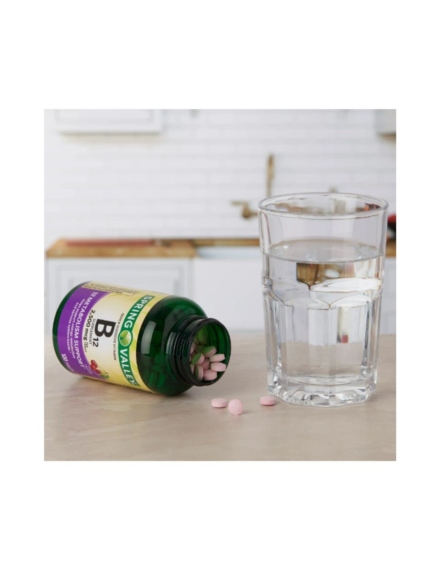 Envase frontal tabletas de vitamina B12 Spring Valley sabor cereza