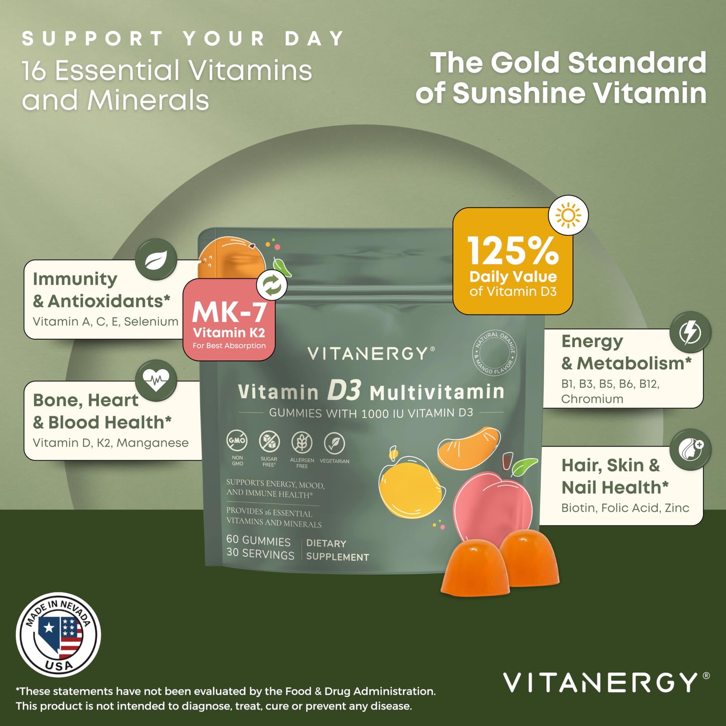 Envase frontal de vitaminas masticables Vitanergy D3 K2