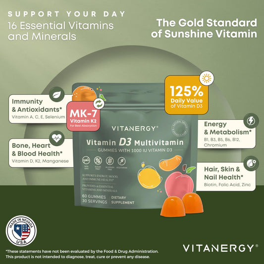 Envase frontal de vitaminas masticables Vitanergy D3 K2