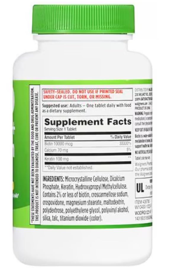 Envase frontal Walgreens Biotina más Queratina 150 tabletas