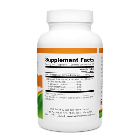 Envase frontal Wellness Resources Vitamina E tocotrienol 180 cápsulas