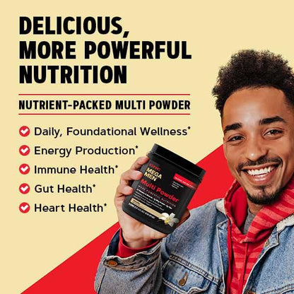 Envase GNC Mega Men multi polvo chocolate con cuchara