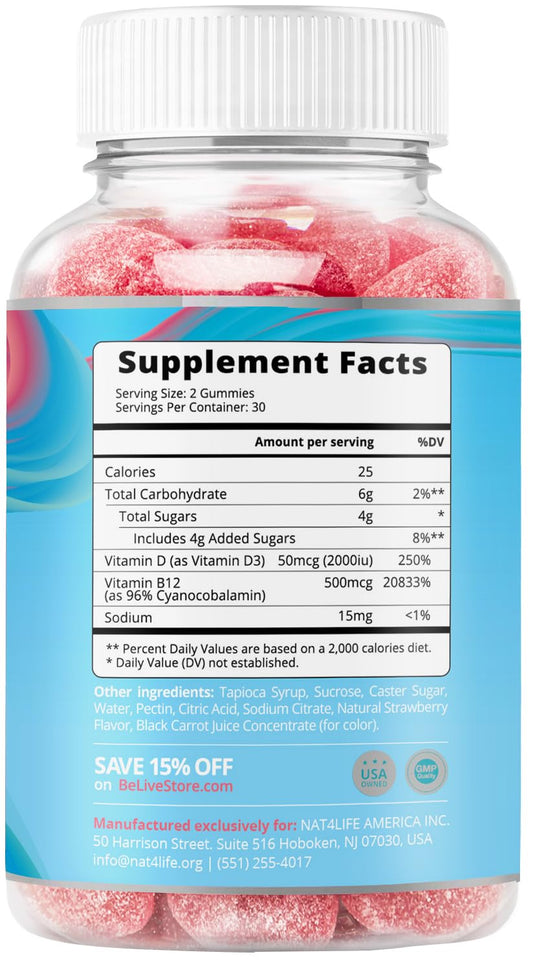 Envase gomitas BeLive vitaminas D3 B12 e hierro para niños y adultos