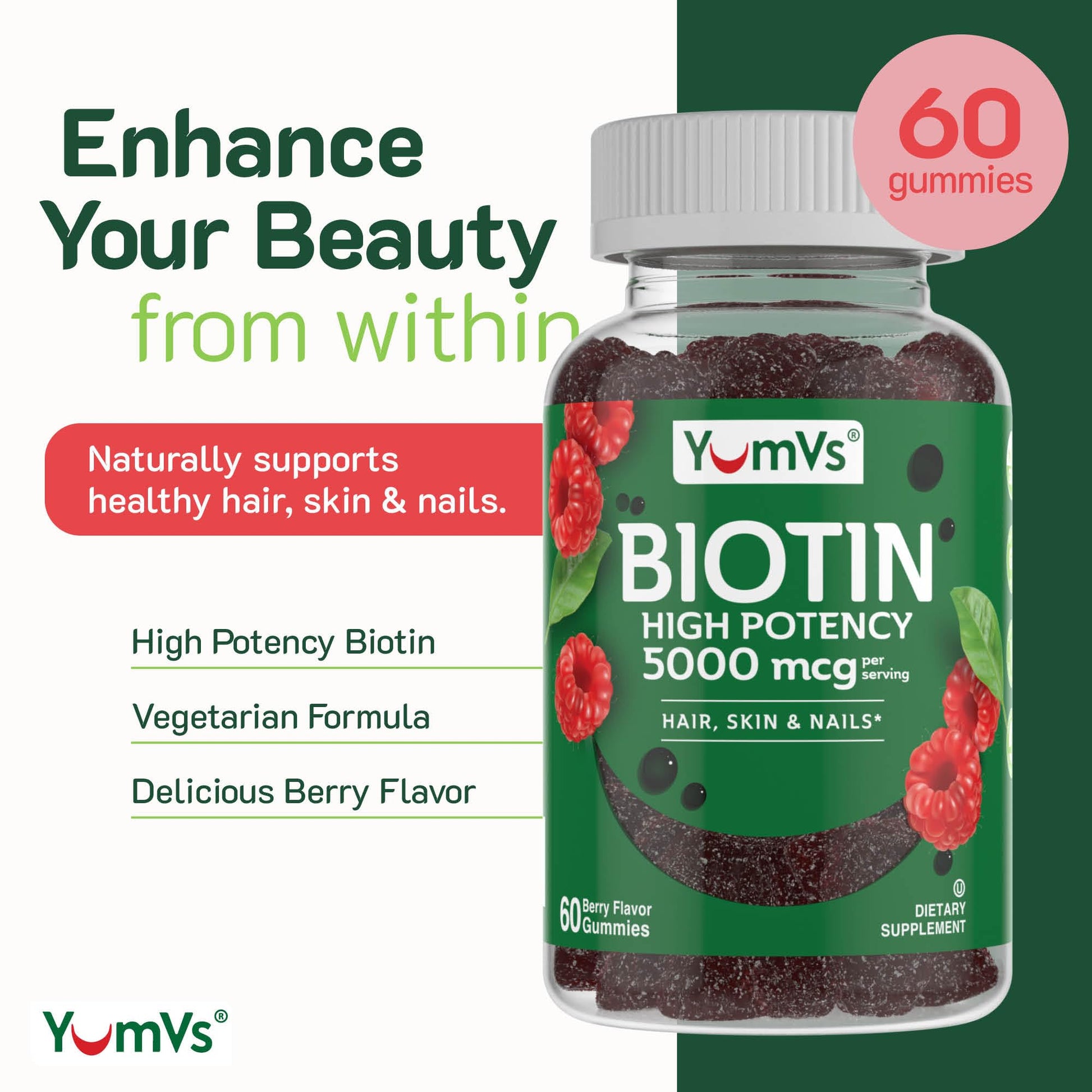 Envase de gomitas biotina YumVs 60 unidades veganas