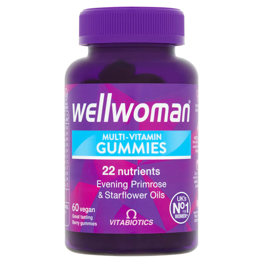 Envase de gomitas multivitamínicas Wellwoman 60 unidades