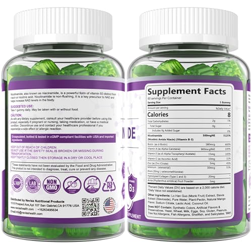 Envase gomitas nicotinamida 500mg NEVISS lado posterior