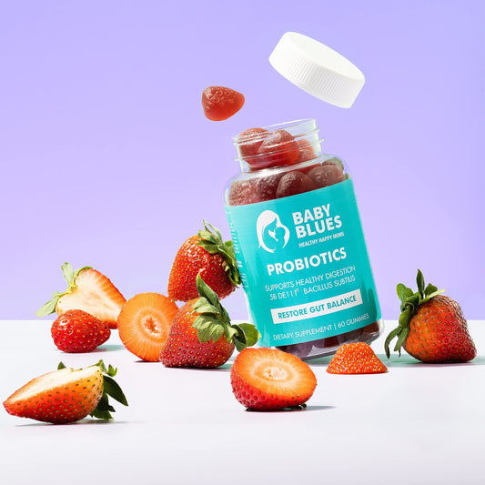 Envase gomitas probióticas para madres Baby Blues sabor fresa
