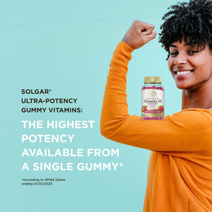 Envase gomitas vitamina d3 solgar con etiqueta roja y blanca