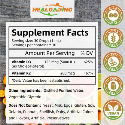 Envase y gotero de gotas D3 5000 IU y K2 200mcg HEALOADING