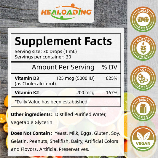 Envase y gotero de gotas D3 5000 IU y K2 200mcg HEALOADING