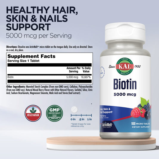 Envase KAL tabletas biotina 5000 mcg frutos rojos